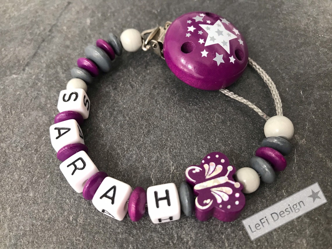 Pacifier Chain With Name, Personalized, Handmade, Butterfly, Berry/grey