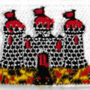 May include: Embroidered patch featuring three red and black castles on a white background. The castles are surrounded by yellow and red flowers.