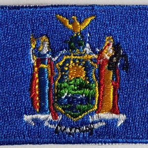 May include: An embroidered patch featuring the state seal of New York. The seal depicts a blue shield with a sun, a river, and a mountain range. The shield is flanked by two figures, one holding a sword and the other holding a staff. The seal is surrounded by a white border and the words "Excelsior" and "New York" are written below.