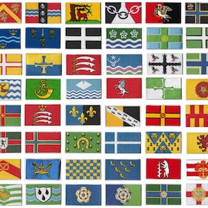 May include: A collection of 48 colourful embroidered patches featuring various heraldic designs, including coats of arms, flags, and symbols. The patches are arranged in a grid pattern and are perfect for adding a touch of history and tradition to any project.