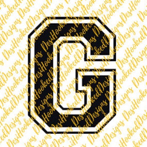 May include: Black and white varsity style letter G. The letter is outlined in white and has a white border.