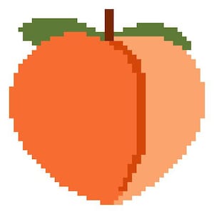 Puede incluir: Un melocotón pixelado con una hoja verde en la parte superior. El melocotón es de color naranja claro y está dividido en dos mitades, mostrando el interior de la fruta.