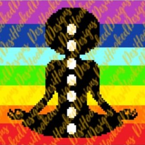 May include: A black silhouette of a person sitting in a lotus position with seven white circles representing chakras on their body. The background is a rainbow of colors.