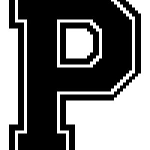 May include: Black and white letter P with a thick white outline. The letter is in a bold, blocky font style.