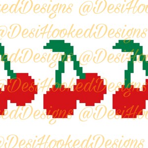 May include: Pixel art design of three red cherries with green stems and leaves. The cherries are arranged in a row.