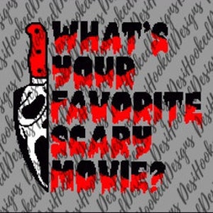 Puede incluir: Un diseño gráfico rojo y negro con un cuchillo y el texto "¿Cuál es tu película de terror favorita?"