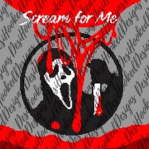 Puede incluir: Una ilustración en blanco y negro de una cara de fantasma con un efecto de sangre roja que gotea. El texto "Scream for Me" está por encima de la cara del fantasma.