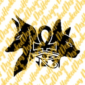 May include: Black and white silhouette of two jackal heads flanking an ankh symbol with the Eye of Horus below. The ankh is a symbol of life and the Eye of Horus represents protection and good health.