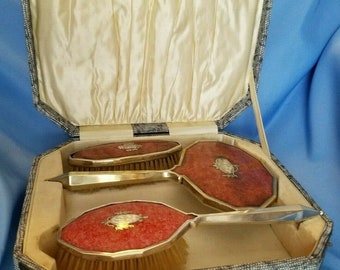 BEAUTIFUL Antique Vanity Set includes Mirror, Brushes in Original Box, Early 1900's