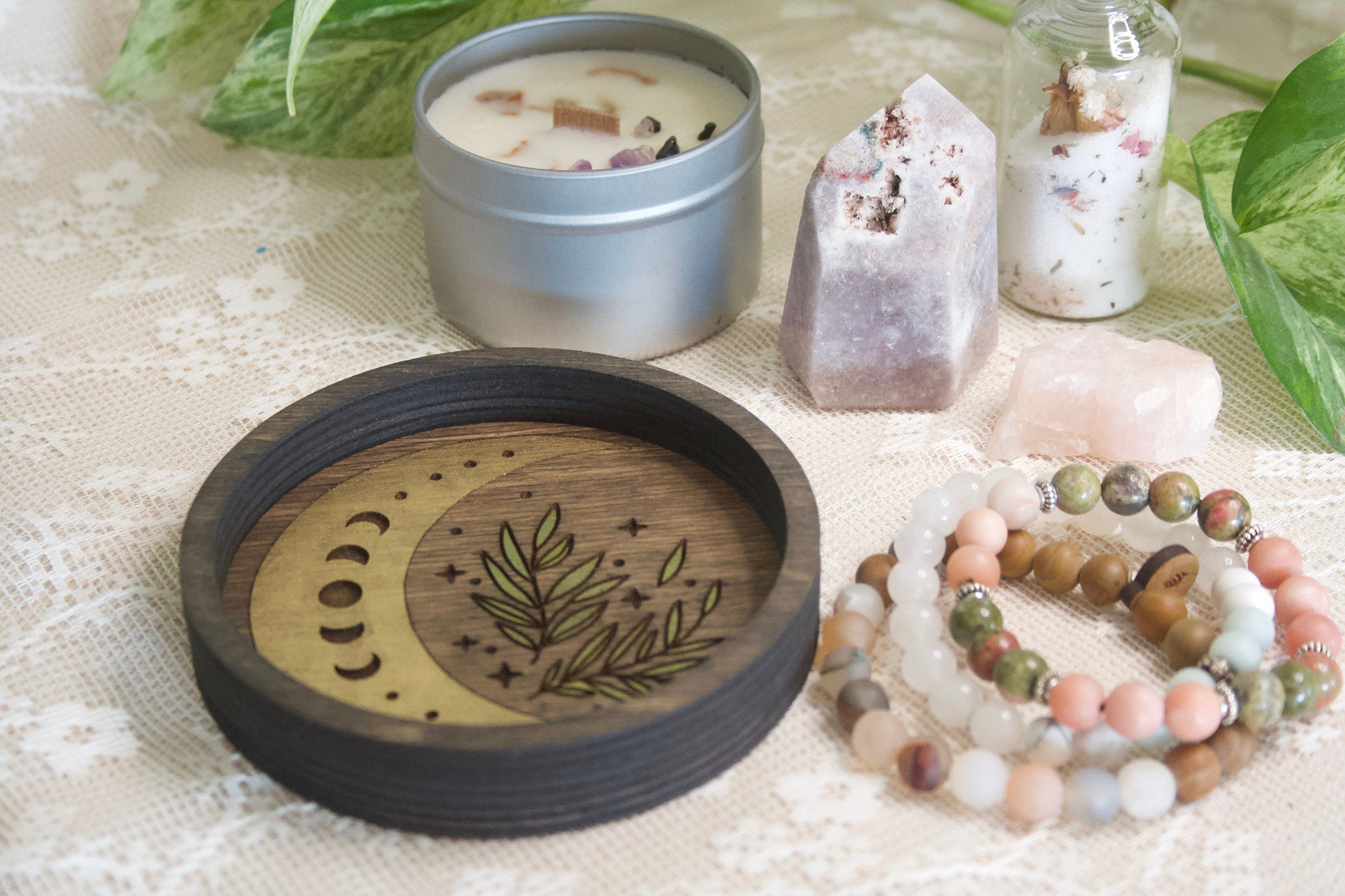 Crescent Moon Jewelry Dish: Engraved Wooden Ring Tray