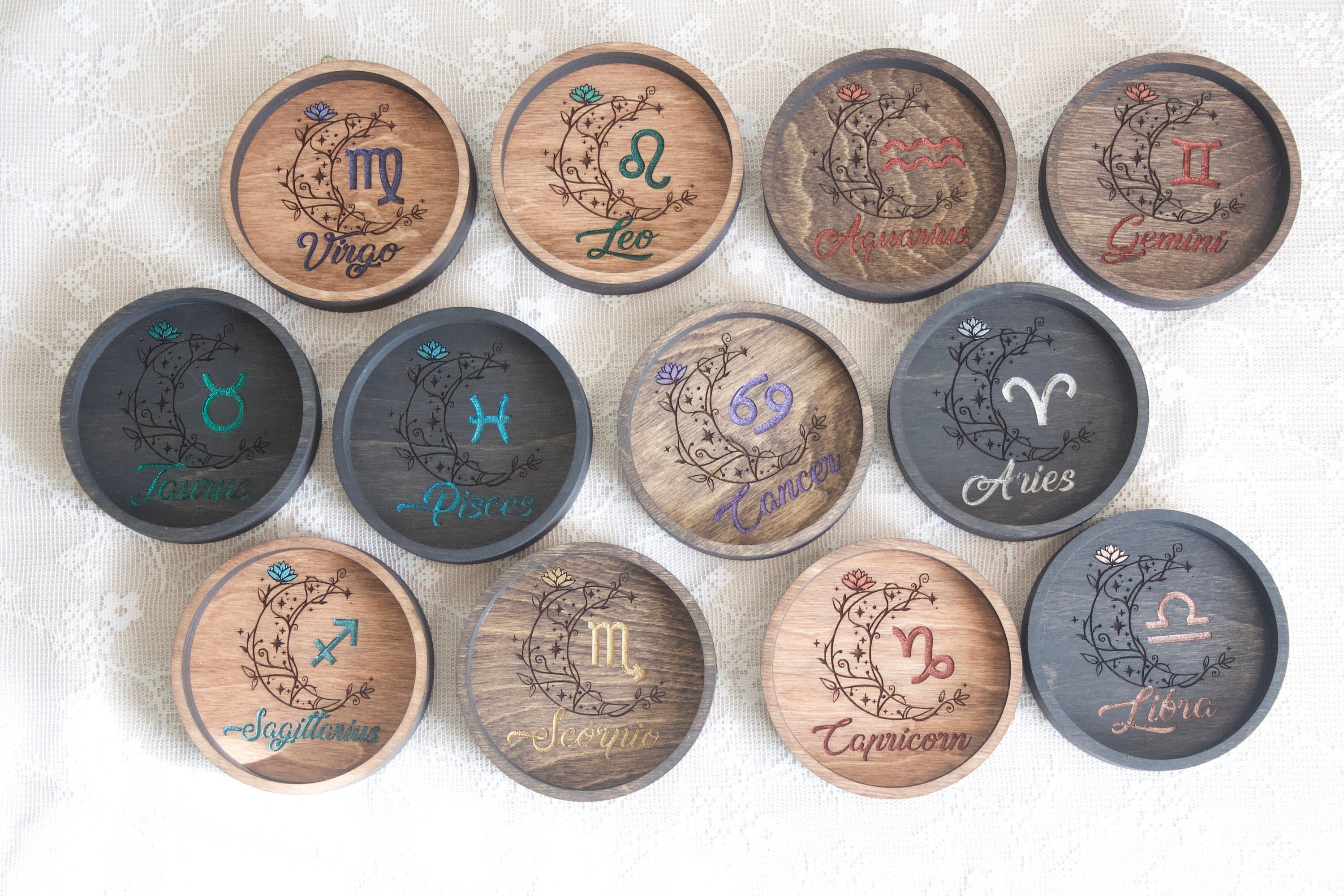 Zodiac Wood Ring Dish: Crescent Moon Jewelry Holder