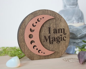 Crescent Moon Tarot Card Holder: &#39;I am Magic&#39; Engraved Wood Altar Decor