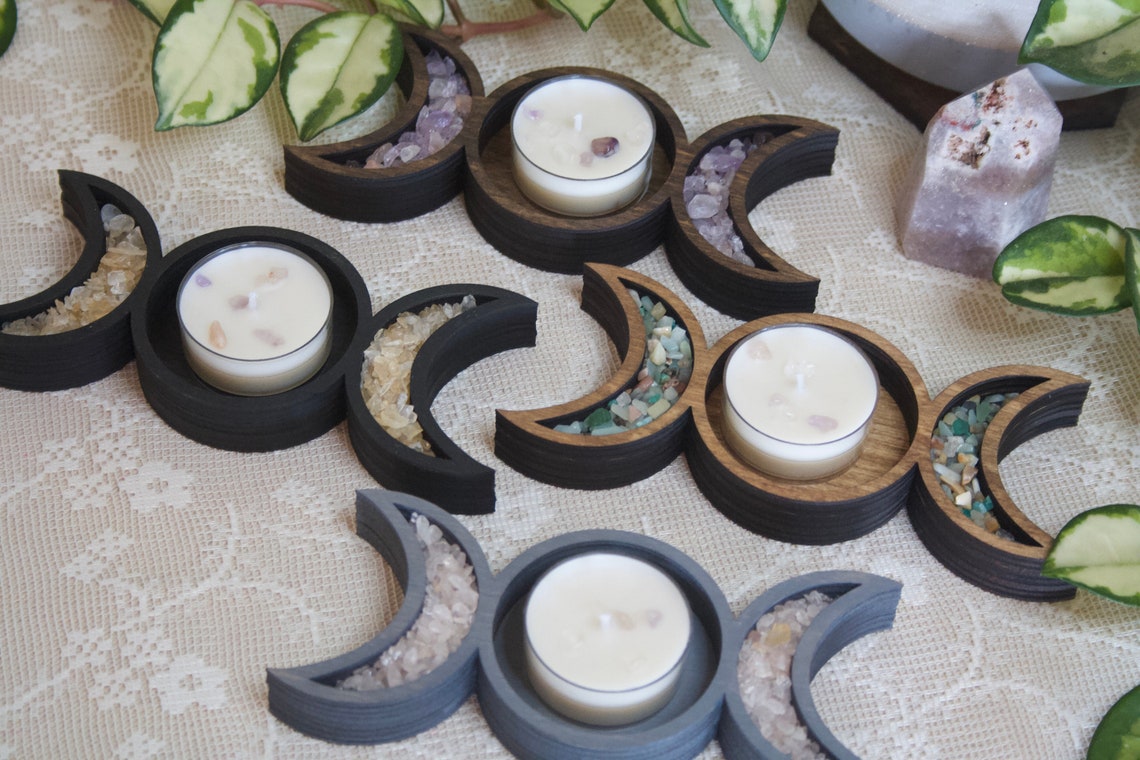 Triple Moon Goddess Tea Light Holder Wood Tea Light Holder Etsy