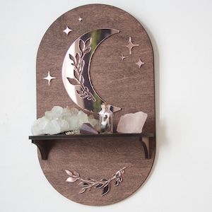 Estante de cristal de luna creciente: Exhibición de altar con detalles en oro rosa