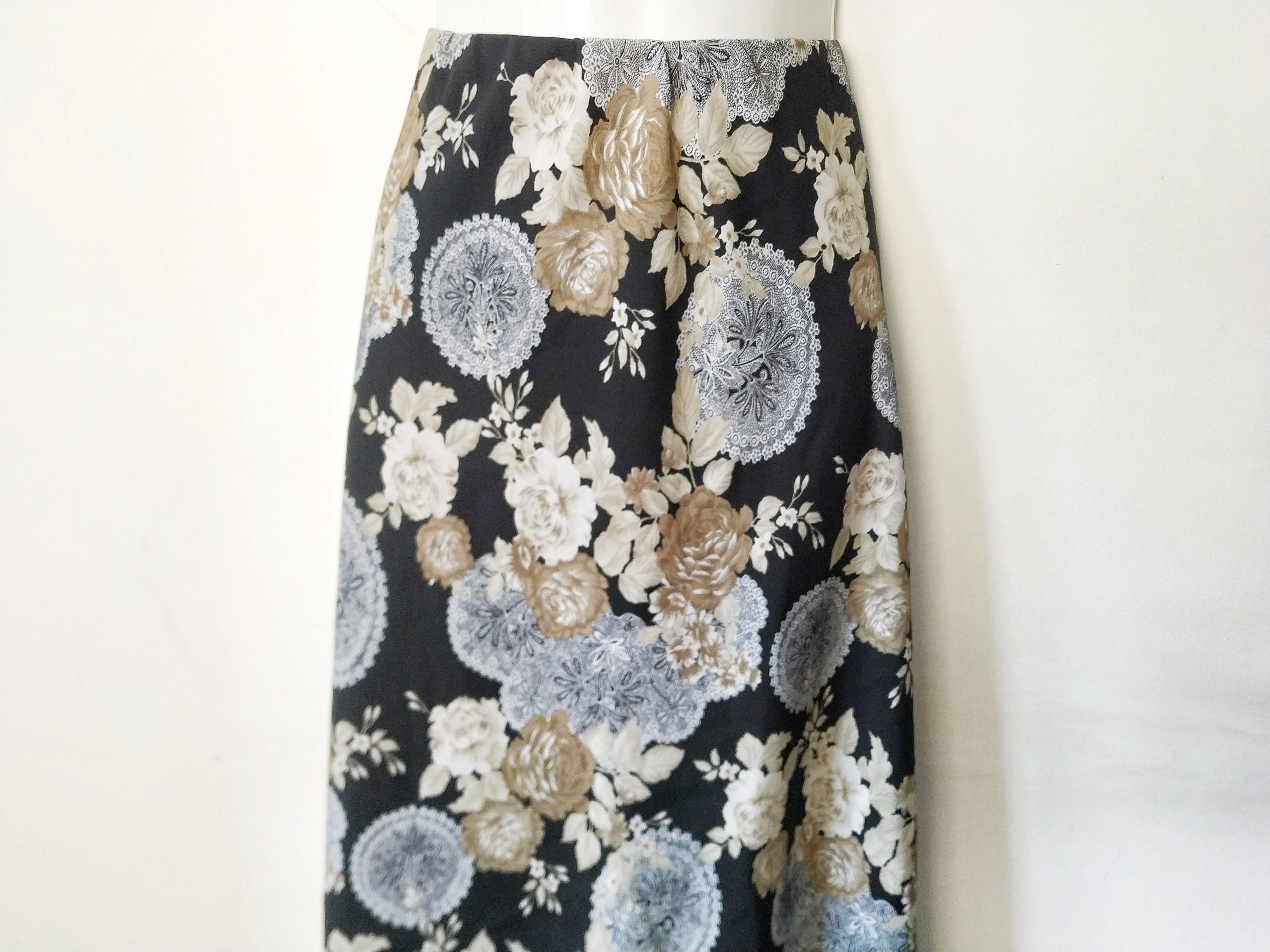 Vintage Black Floral Midi Skirt 2XL-3XL Size Beige Brown - Etsy