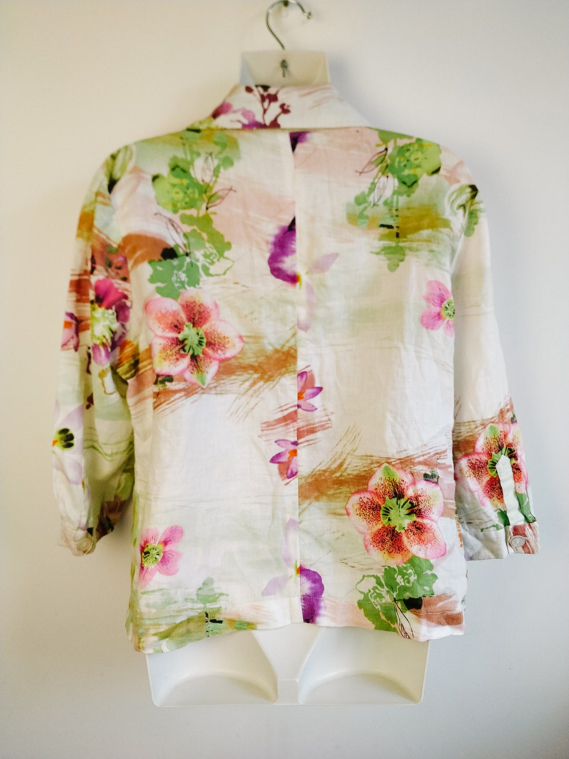 Vintage White Floral Linen Jacket L Size Summer Hawaiian Etsy