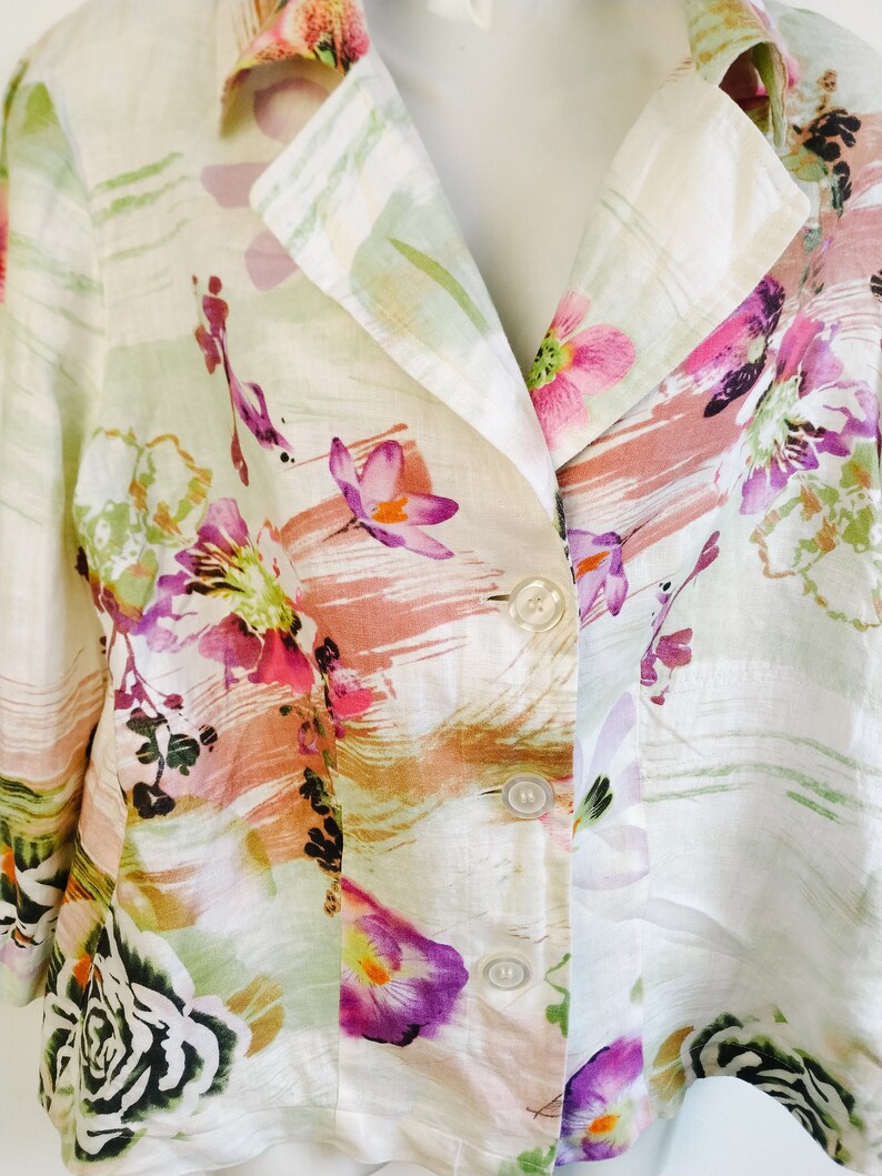 Vintage White Floral Linen Jacket L Size Summer Hawaiian Etsy