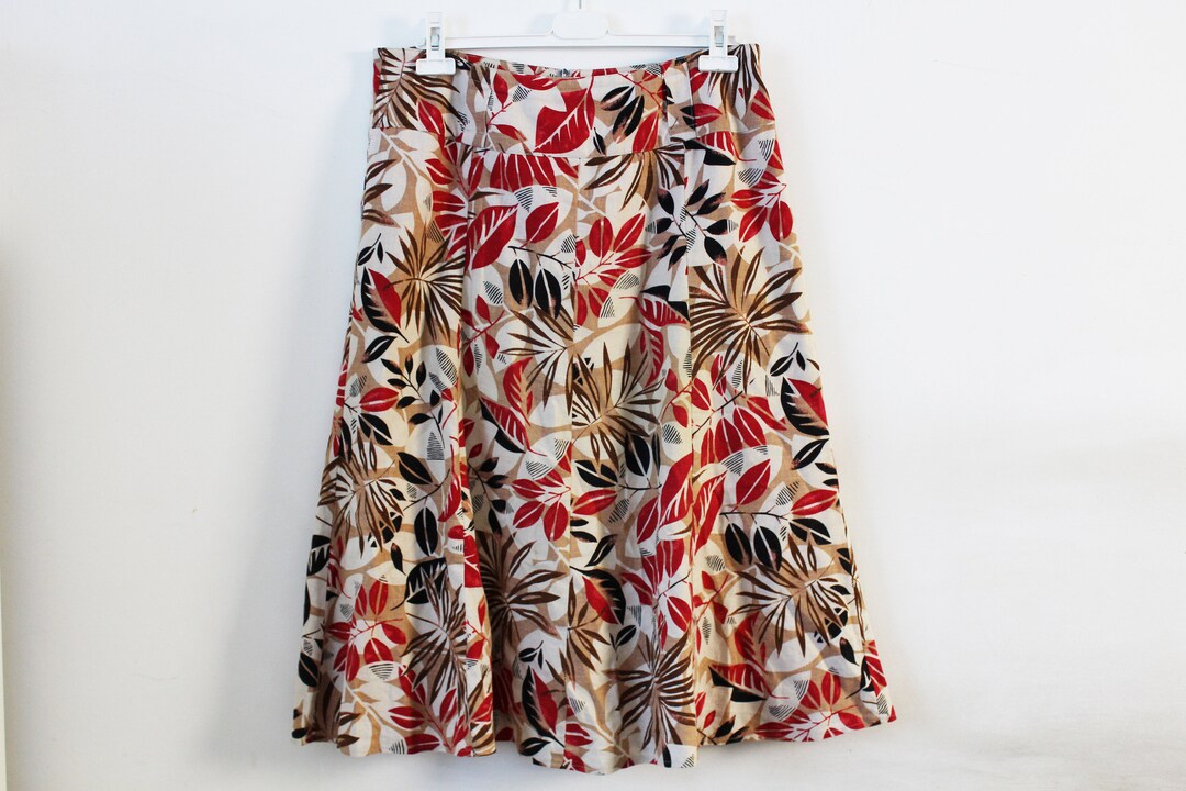 Vintage Beige Floral Linen Flared Skirt A Line Red / Black / - Etsy