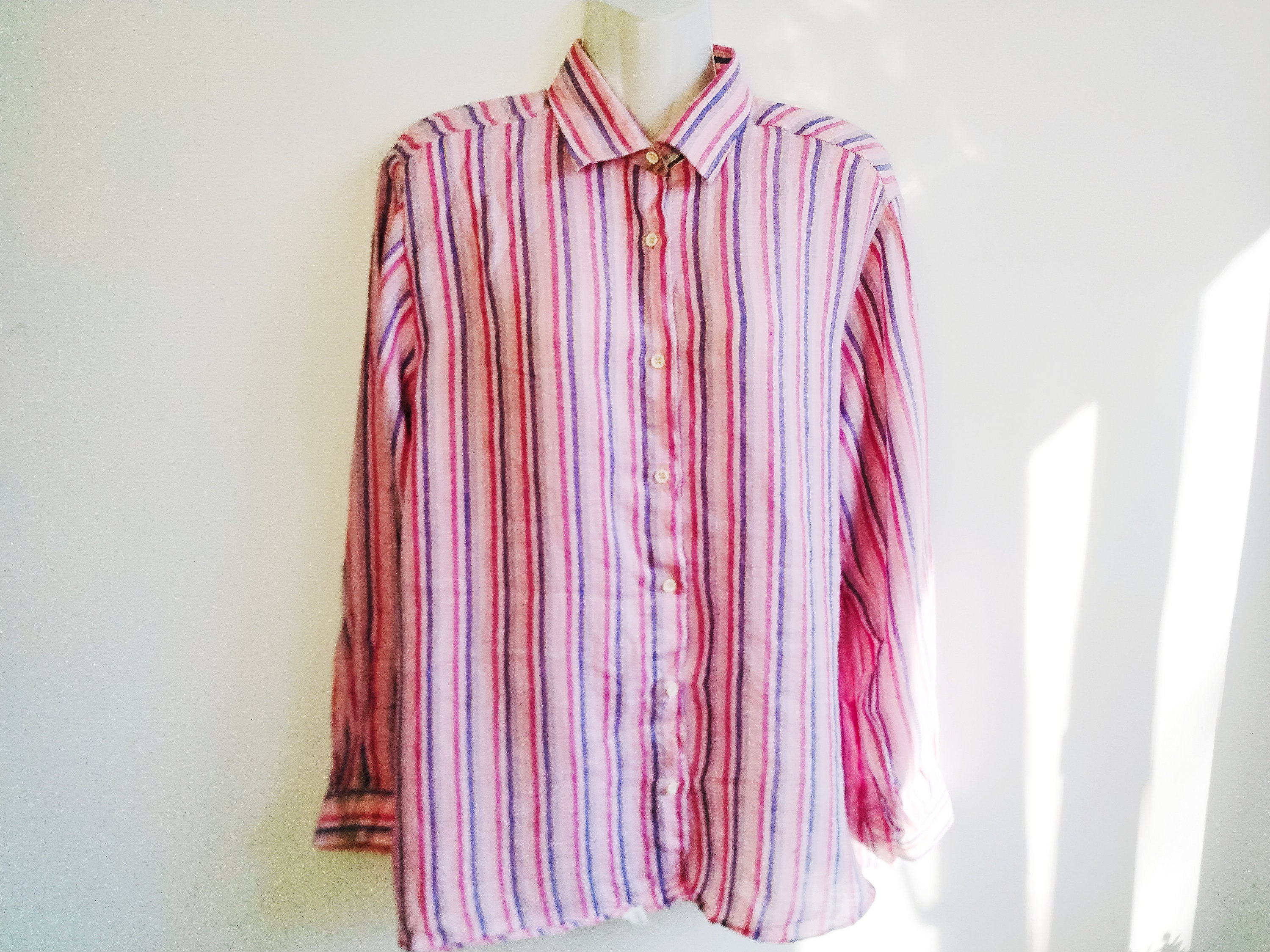 Vintage striped linen shirt Pink blue shirt Eco friendly | Etsy