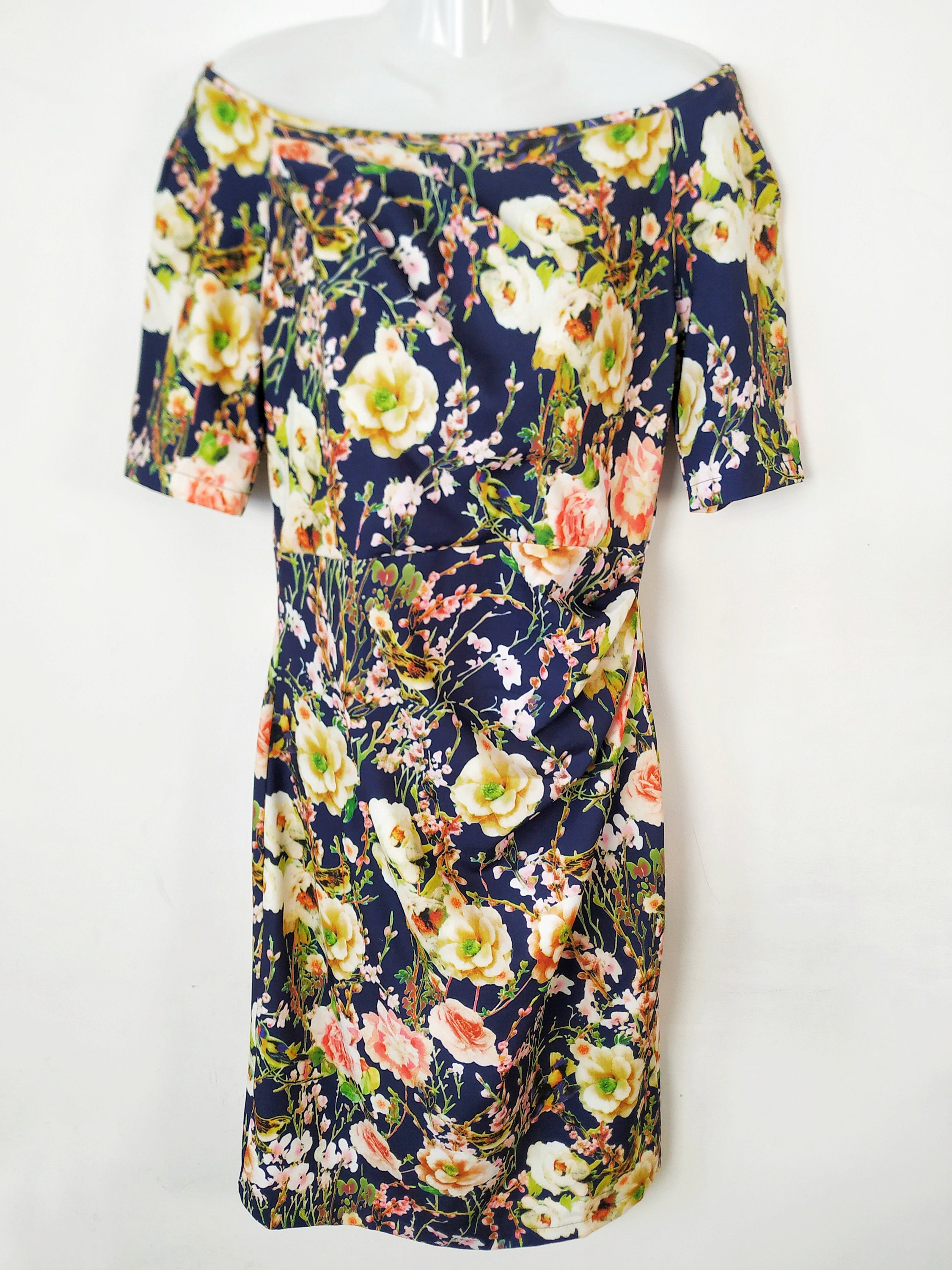 Vintage Navy Blue Draping Dress M-L Size Floral Pattern Midi - Etsy