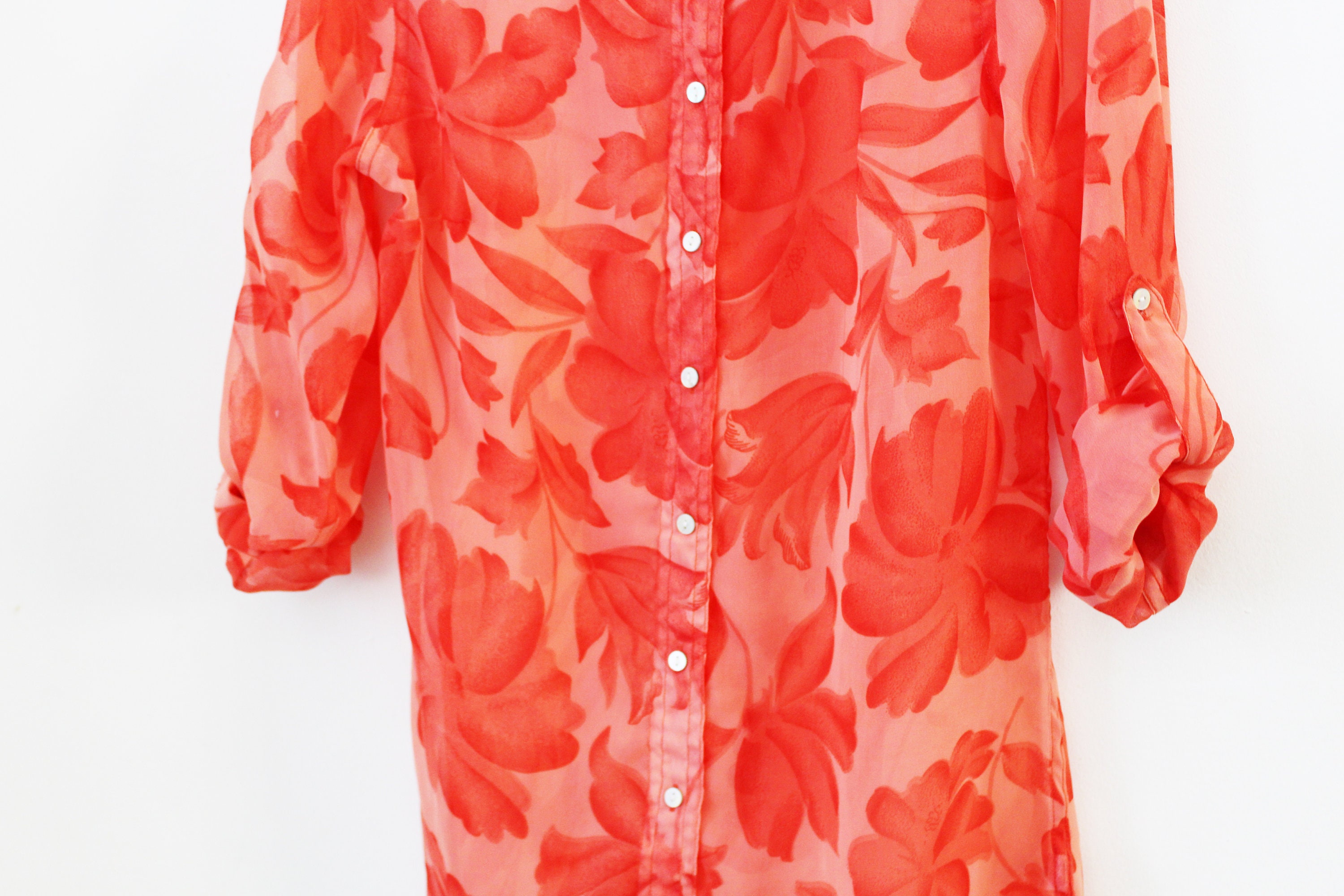 Vintagered & Coral Long Sheer Sexy Bohemian Hawaii Blouse With - Etsy
