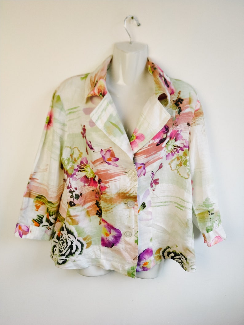 Vintage White Floral Linen Jacket L Size Summer Hawaiian Etsy