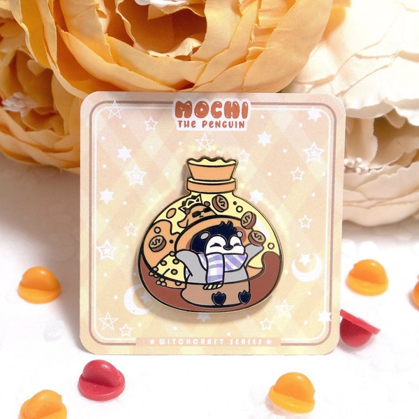 Wealth Potion Enamel Pin, Mochi the Penguin ｜ cute penguin Halloween, kawaii spooky animal backpack magic money gold decoration ｜ BeeLuArt