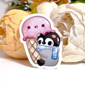 Pegatina de helado derretido, paquete de pegatinas brillantes de pingüinos lindos para nadar en la playa en verano, pegatinas para computadora portátil con diario de viñetas, Mochi el pingüino, beeluart