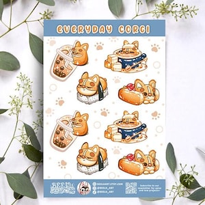 Hoja de calcomanías de corgi azul, lindo trasero de corgi, paquete de calcomanías de té de burbujas de panadería para computadora portátil con diario de viñetas, decoración de calcomanías para amantes de los corgi BeeLuArt