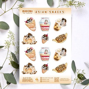 Asiatischer Snacks Aufkleberbogen, Boba Tee Aufkleber, niedlicher Baby Pinguin Aufkleber, Bullet Journal Laptop Aufkleber, Getränke Bubble Tee Aufkleber