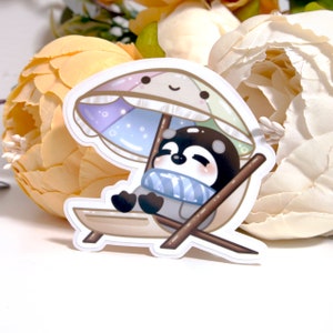 Pegatina para tomar el sol, paquete de pegatinas brillantes de pingüinos lindos para nadar en la playa en verano, pegatinas para computadora portátil con diario de viñetas, Mochi el pingüino, arte de Beeluart