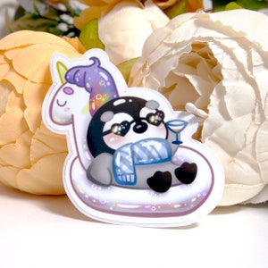 Sticker licorne Floatie, pack d'autocollants brillants de pingouin mignon de plage d'été, autocollants pour ordinateur portable bullet journal, Mochi le pingouin, art beeluart