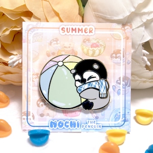 Penguin and Beach Ball Enamel Pin, Mochi the Penguin ｜ cute penguin summer kawaii backpack accessory hard enamel pin filler decor｜ BeeLuArt