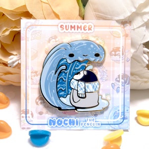 Penguin in a Wave Enamel Pin, Mochi the Penguin ｜ cute penguin summer surf kawaii backpack accessory hard enamel pin filler decor｜ BeeLuArt