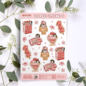 Sakura Cafe Sticker Sheet, Kawaii Diecut Glossy Sticker Pack Niedlicher Baby Pinguin Liebhaber Laptop Aufkleber Bullet Journal Home Decor Bujo Japan Deco
