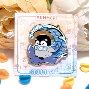 Penguin Surfing Enamel Pin, Mochi the Penguin ｜ cute penguin summer swim kawaii backpack accessory hard enamel pin filler decor｜ BeeLuArt