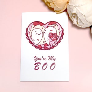 Valentinstagskarte, Süße Blume, Rose, you're my Boo, Kawaii Art, Geschenk für sie, Liebe, Jahrestagsgeschenk, Grußkarte, kleines Gespenst, laboo
