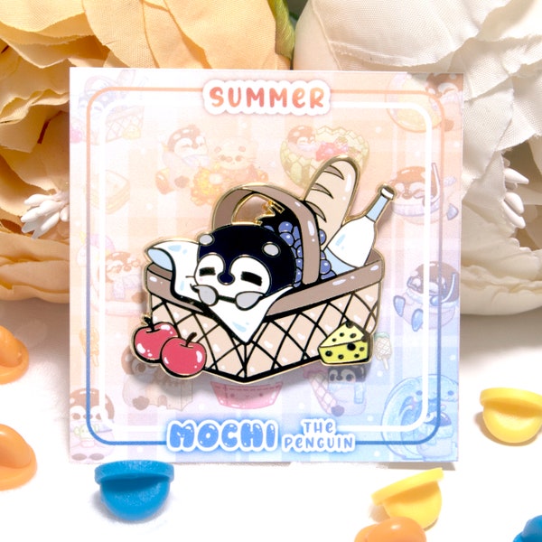 Penguin Going to Picnic Enamel Pin, Mochi the Penguin ｜ cute penguin summer kawaii backpack accessory hard enamel pin filler decor｜ BeeLuArt