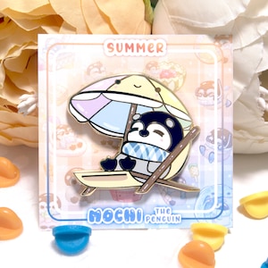 Sunbathe Penguin Enamel Pin, Mochi the Penguin ｜ cute penguin summer snack kawaii backpack accessory hard enamel pin filler｜ BeeLuArt