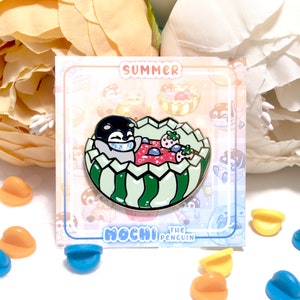 Penguin's Watermelon Fruit Punch Enamel Pin, Mochi the Penguin ｜ cute penguin summer kawaii backpack hard enamel pin filler decor｜ BeeLuArt