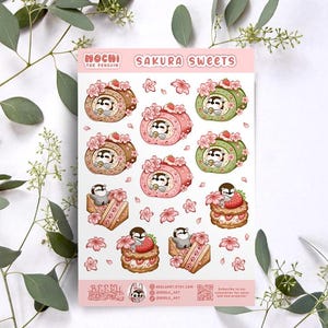 Folha de adesivos Sakura Cafe｜Pacote de adesivos brilhantes recortados Kawaii Adesivo fofo para laptop amante de pinguins bebês Bullet Journal Decoração para casa Bujo Deco