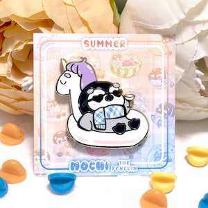 Penguin chilling in Floatie Enamel Pin, Mochi the Penguin ｜ cute penguin summer kawaii backpack accessory hard enamel pin filler｜ BeeLuArt