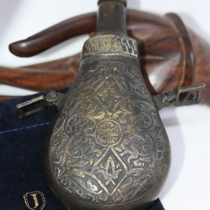 Antique Ottoman Brass Black Gun Powder Flask Case Box Middle Eastern  Islamic