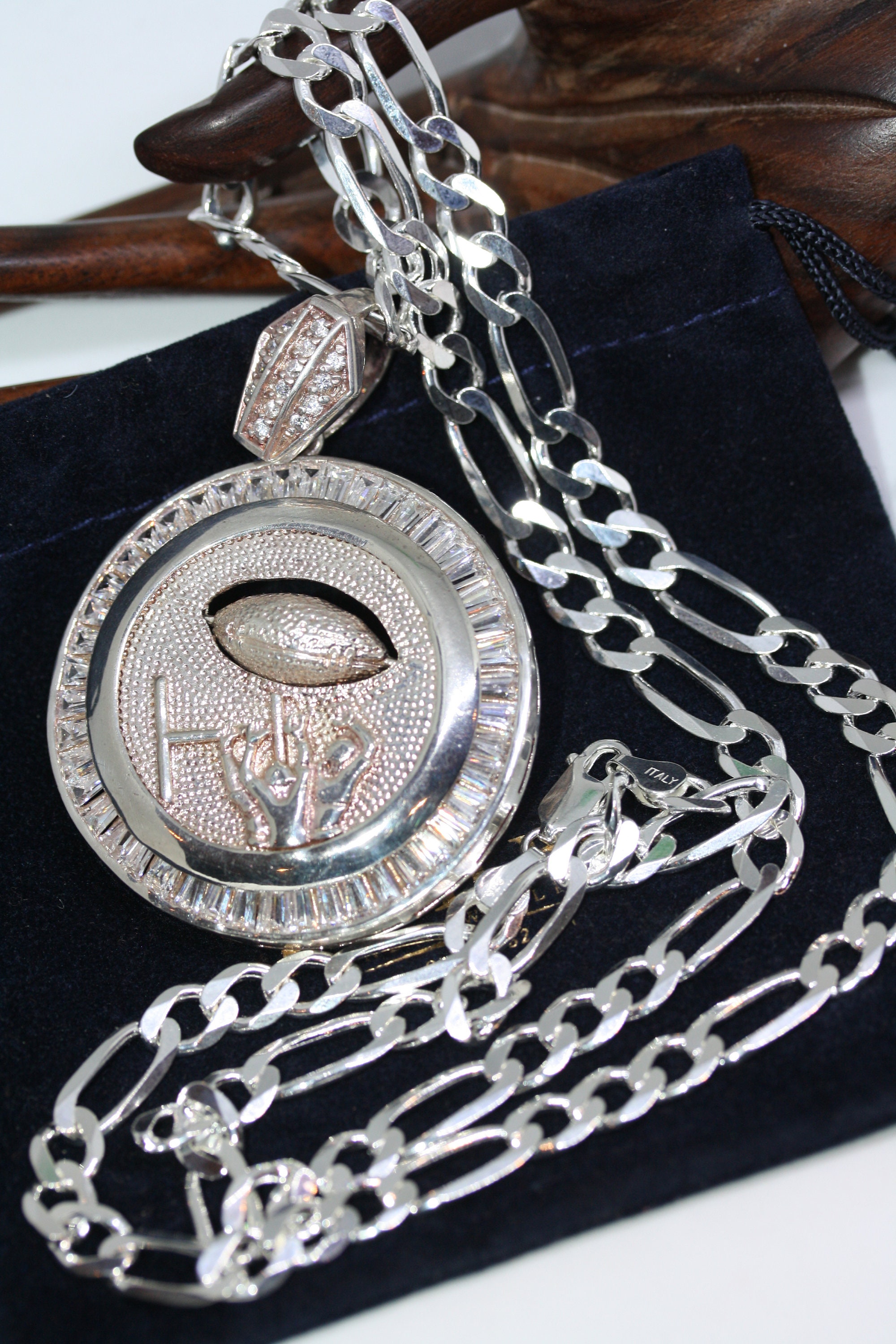 Sterling Silver 2 American Football Pendant CZ Sport - Etsy UK