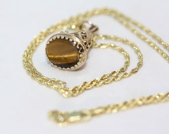 Colgante de oro amarillo macizo de 9 quilates con sello de ojo de tigre victoriano antiguo y cadena de cuerda de 10 quilates para mujer, collar de 18.0 in