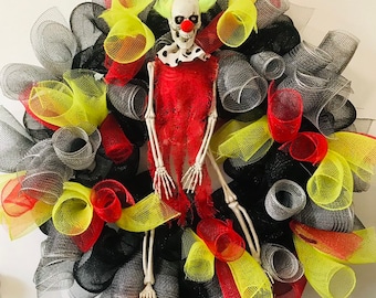 Halloween skeleton clown deco mesh wreath for front door