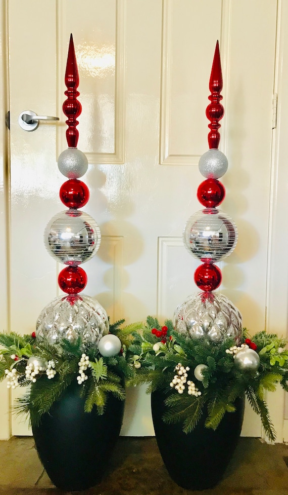 Red and Silver Christmas Bauble Topiary for Entry or Porch Etsy Australia