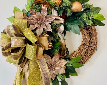 Bronze and jewel tones with birds, bells and baubles Christmas grapevine wreath