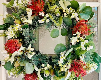 Australian Native Red Pincushion Christmas front door wreath.