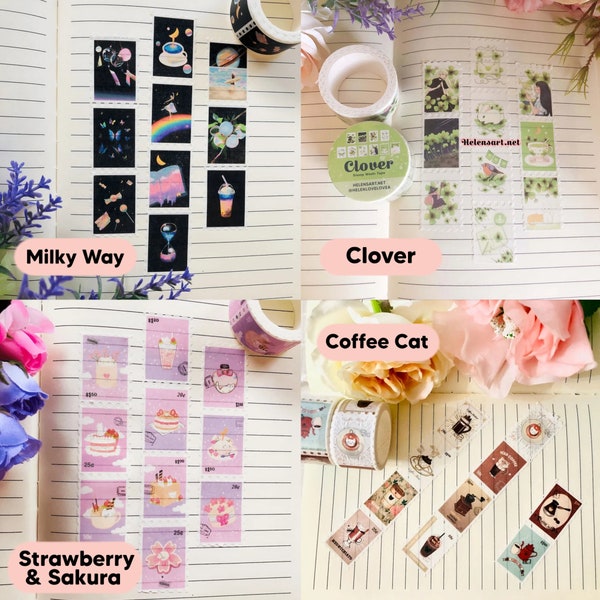 Cute Pastel Stamp Washi Tape |Cat|Kitsune|Computer|Lavender|Rabbit|Tulip|Ginkgo|Hydrangea|Coffee|Clover|Strawberry|Sakura|Milky Way|Retro